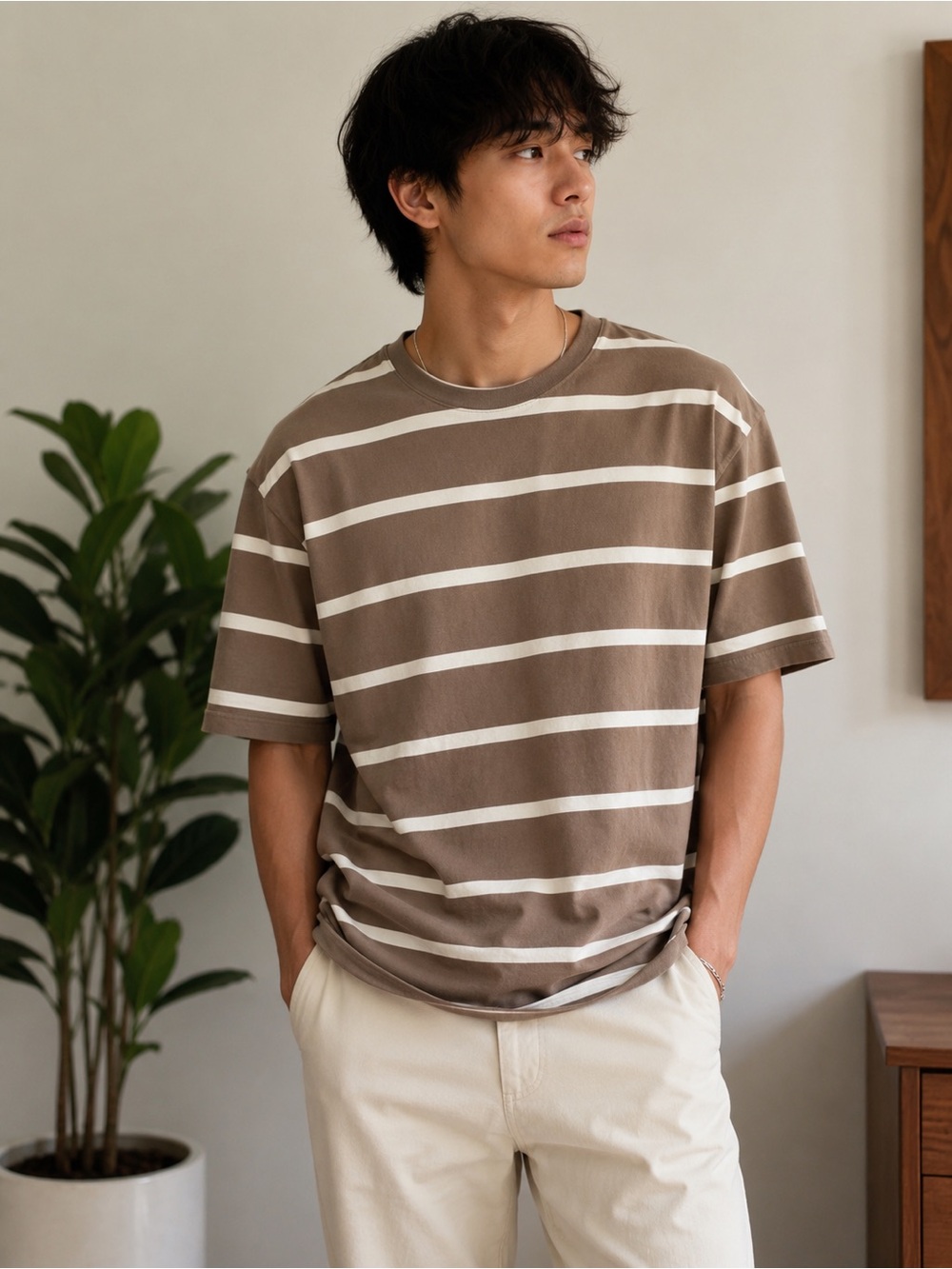 H&M Relaxed Fit Brown Cream Striped Oversized Tee Large